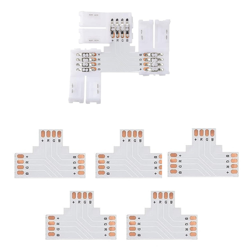 SNOOGG T Shape 4-Pin LED Connectors 5-Pack 10mm Wide Unwired Solderless Gapless Adapter Connectors Extension 12V 72W for 5050 3528 SMD RGB LED Strip Lights