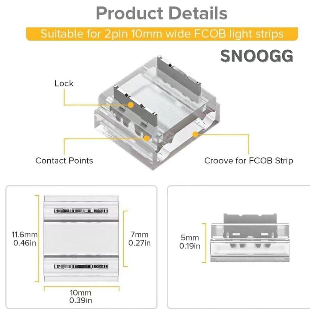 SNOOGG FCOB COB Transparent Connector Support FCOB 10mm Width 2 pin v+ v- Single Color LED Strip Corner Connection. Strip to 2pin, 2pin to 2 pin Wire Connection