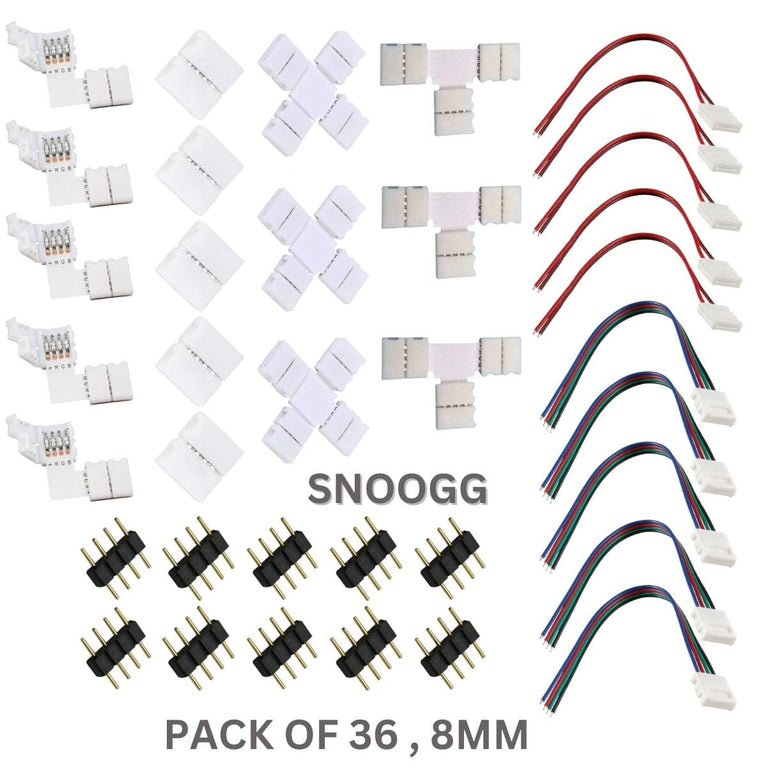 SNOOGG 36 Pack of 8 mm Mix Bundle connectors. 5 pc Each of I and L, 3 pc Each of T and Plus, 5 Each of connectors with 16 cm Wire 2 pin and 4 pin, 10 pc 4 pin Needle pin