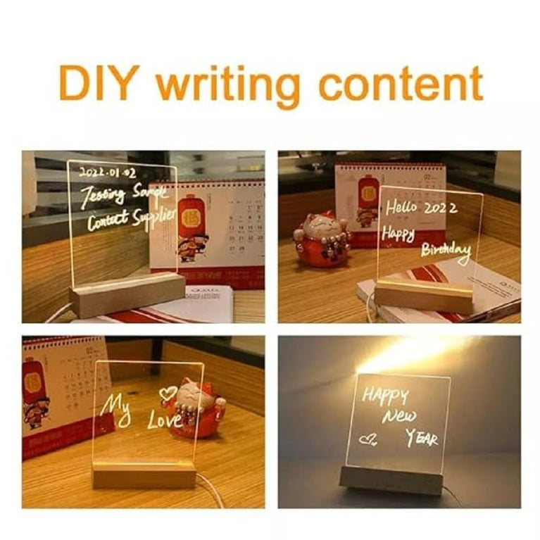 SNOOGG Erasable LED Sign, Wood Base: Acrylic Writing Board & 6 Pens. Ideal for Festival Message Displays, Office Memos & Illuminated Room Gifts