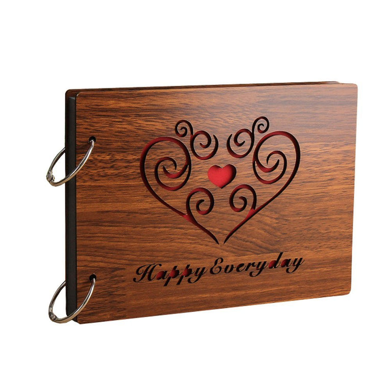 Snoogg Wooden Front and Back cover Scrapbook With 60 Black Page photo Album Rectangle 10x6 inch with design Cutouts on wood cover for Memories, Hapiness, Experiences and more