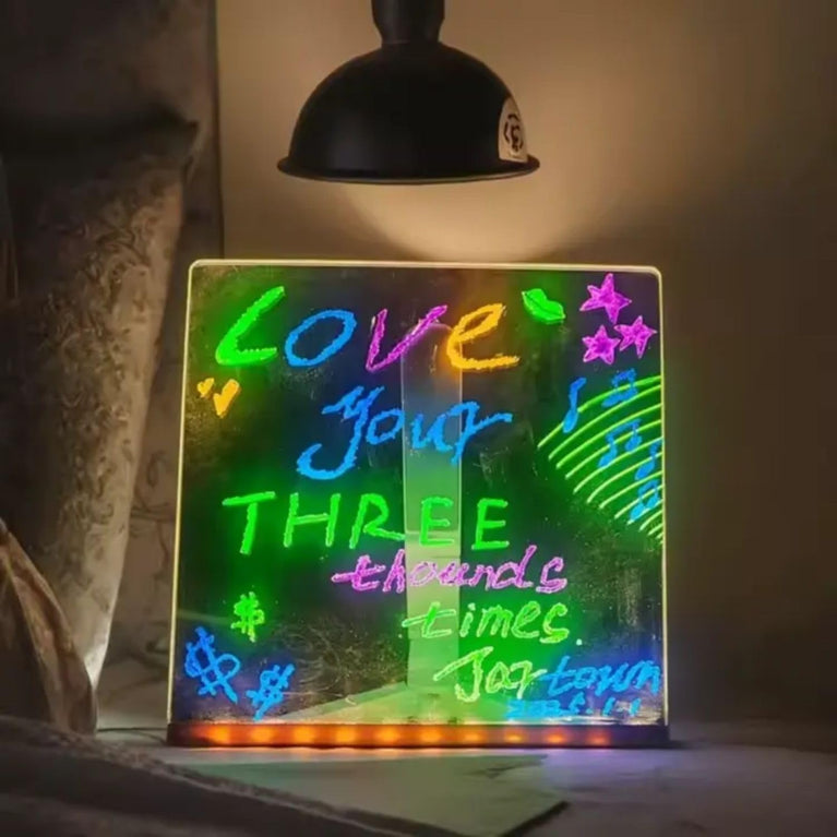 SNOOGG LED Note Board: 6 Pens, Stand. Acrylic Light Up Message & Drawing Tablet for Office Organization, Room Decor, Festival Greetings, Birthday Gift