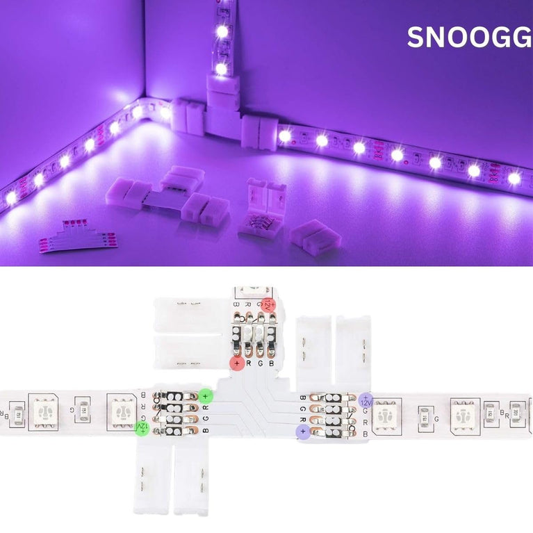 SNOOGG 26 Pack of Mix Bundle 10 mm connectors. 5 pc Each of I and L, 3 pc Each of T and Plus, 5 Each of connectors with 16 cm Wire 2 pin and 4 pin for Flexible LED Strip gapless Adaptor Terminal.