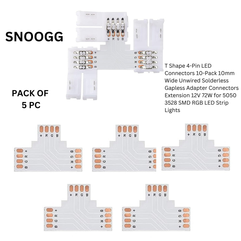 snoogg t shape 4 pin led connectors 5 pack 10mm wide unwired solderless gapless adapter con