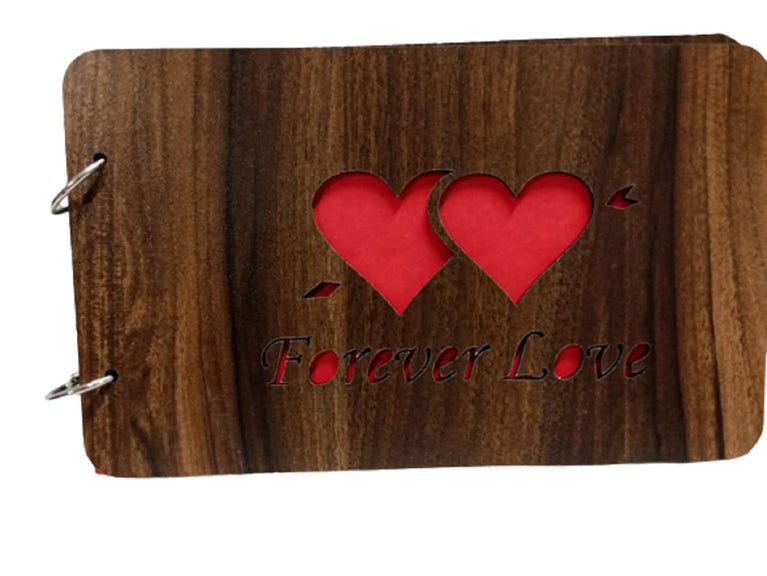 Snoogg Wooden Front and Back cover Scrapbook With 60 Page photo Album Rectangle 10x6 inch with design Cutouts of Forever Love on wood cover for Love, Moments, Stages, Gathering