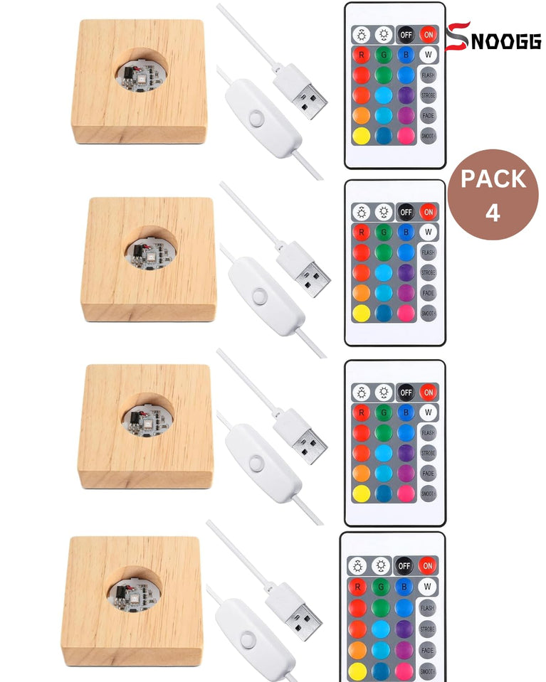 SNOOGG Wood RGB 16 Colour Led Light Square Pine Wood Display Base Stand with ON Off USB Cable Switch and 24 Key Remote Control for 3D Crystal Glasses, Resin Art, Trophy, Award etc Pack of (2)