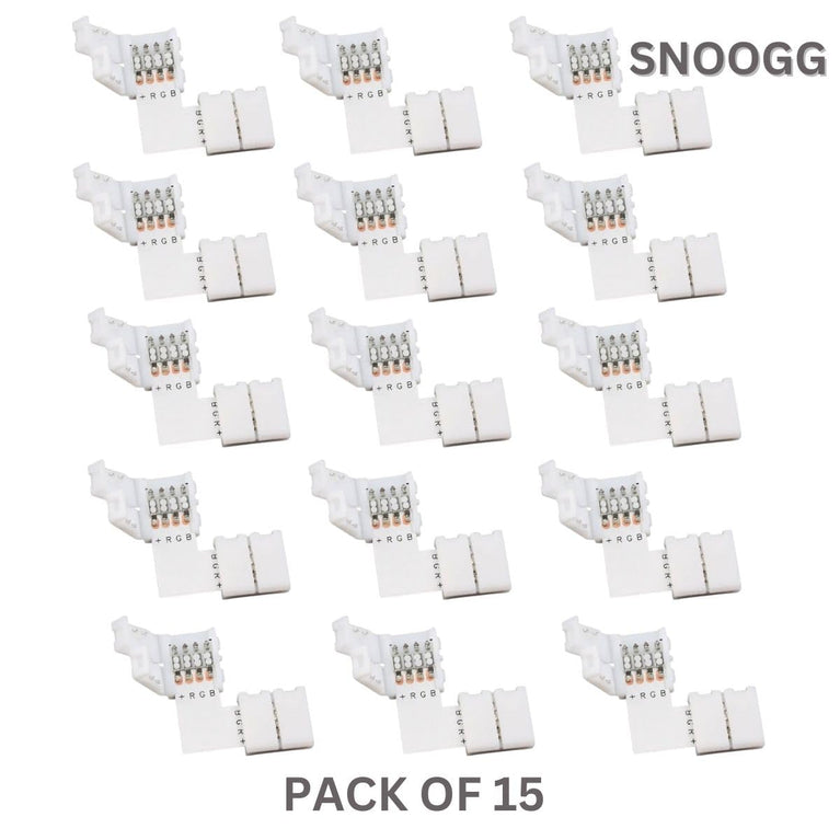 SNOOGG 15 Pack L Shape 4-Pin 8 mm RGB LED Light Strip Corner Connectors, Right Angle Solderless and GaplessQuick Terminal Wire Connector for Wire LED Strip Light Wire Connecting