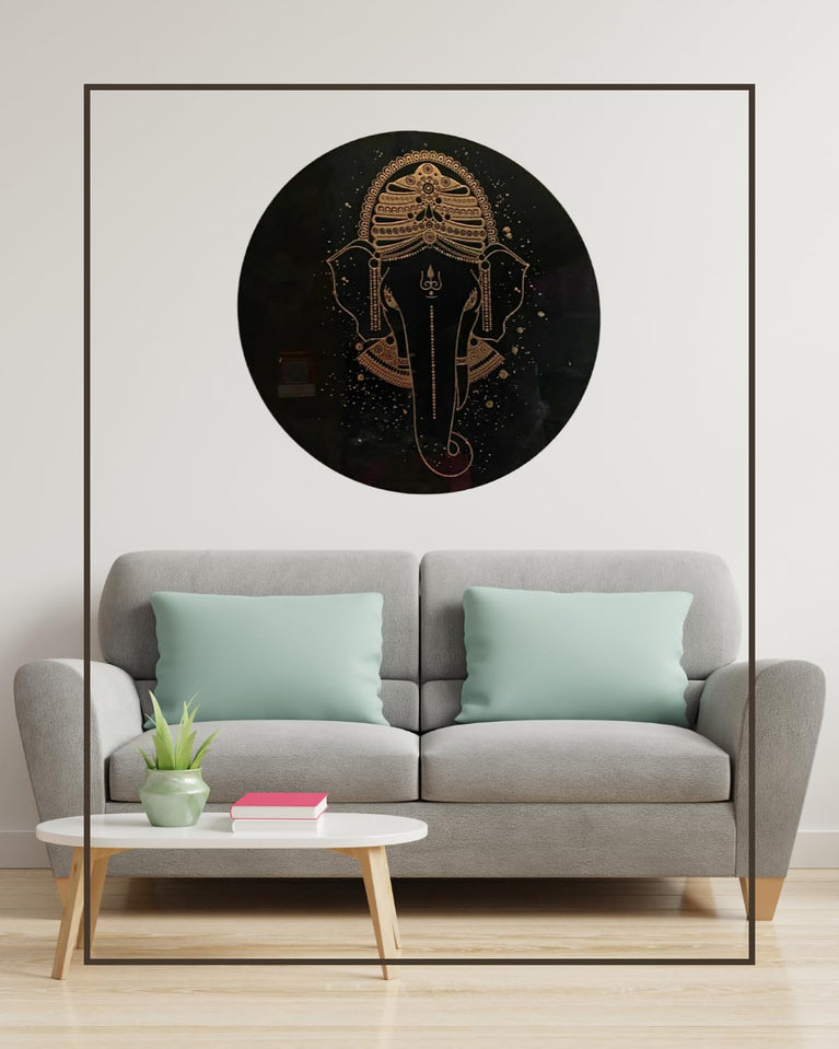 SNOOGG 12-inch UV Reactive Wall Art in black and gold features contemporary Ganesha imagery, perfect for meditation spaces, yoga studios, or hippie-themed bedrooms. (Ganesha-201)