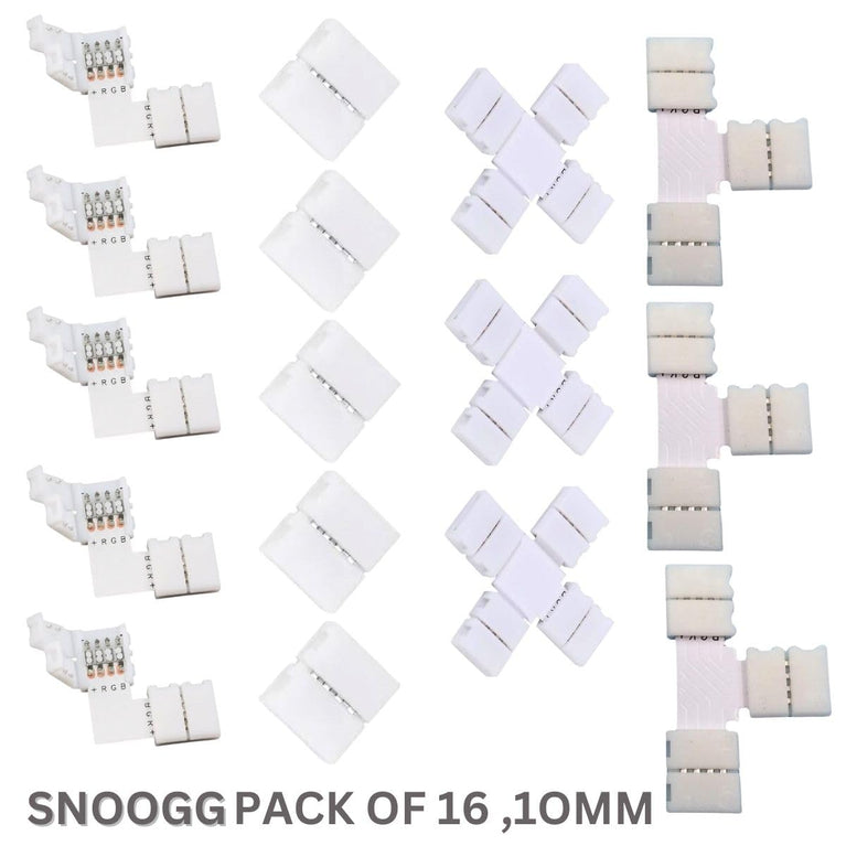 SNOOGG 4 pin 10 mm 16 Pack connectors I & L Shape 5 pc Each and T + Plus Shape 3 pc Each Total Mix Combo of 16 Piece LED Light Strip Connectors for Solderless and Gapless Adapter Terminal