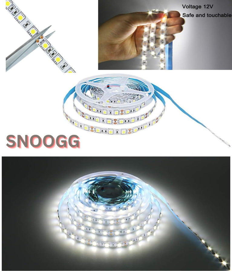 SNOOGG LED Strip Lights cuttable, SMD 2835 LED Strip, DC 12V with 1200 LED in 5 Meter - 16.4Ft HD LED Light Strips 3 Times Brightness Than SMD3528 LED (Adaptor Not Included)