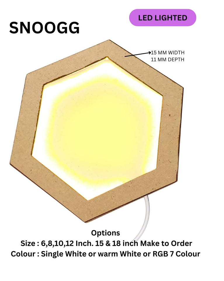 SNOOGG 12 inch Lighted Hexagon Frame to Elevate your creativity ands collection ideal for pictures, signs, paintings, and art displays. Built-in LED lights to highlight your creations and display