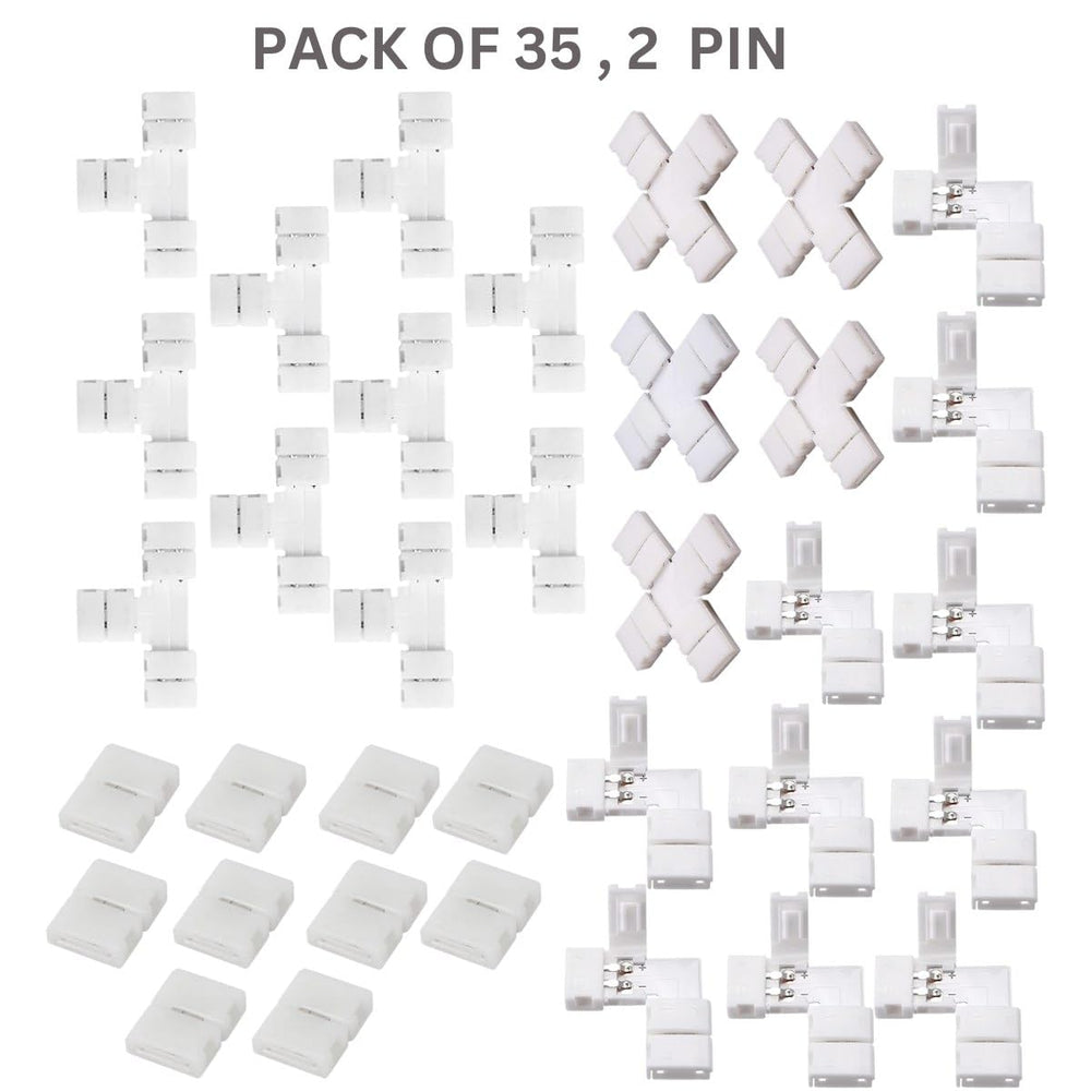 SNOOGG 35 Pack 2 Pin Quick LED connectors I-10pc, L-10pc, T-10pc, +5pc for LED Strip Light Wire Connecting, Extension