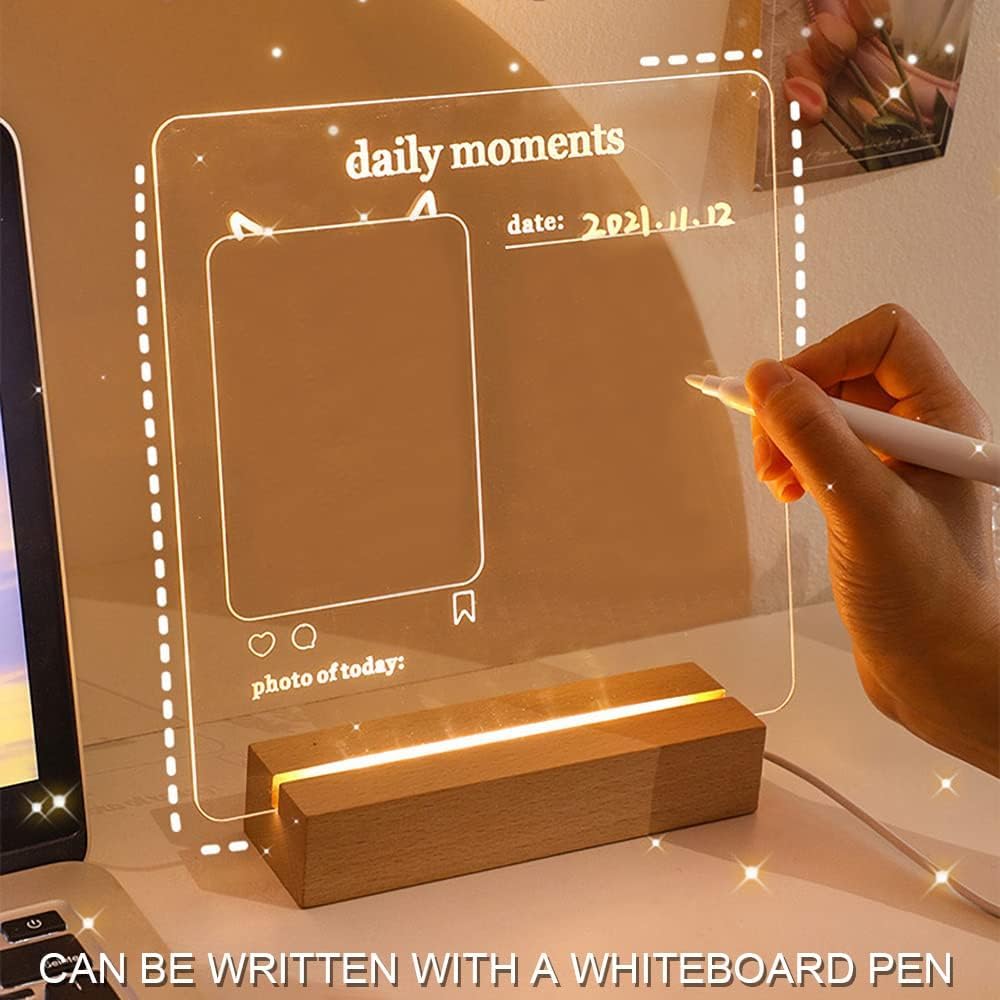 SNOOGG Erasable LED Sign, Wood Base: Acrylic Writing Board & 6 Pens. Ideal for Festival Message Displays, Office Memos & Illuminated Room Gifts