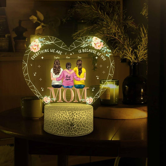 Mom Everything I am Because of You - LED Light Up Glass Heart - Flower Design on Red Heart Shaped Lighted Base Mothers Day Gift Design 2