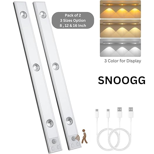 SNOOGG 8-Inch LED Cat's eye's Under Cabinet Lighting, Motion Sensor Under Counter and Closet USB Rechargeable for Kitchen – Dimmable with 3 Color for Display Cabinets, Showcases, and Wine Racks