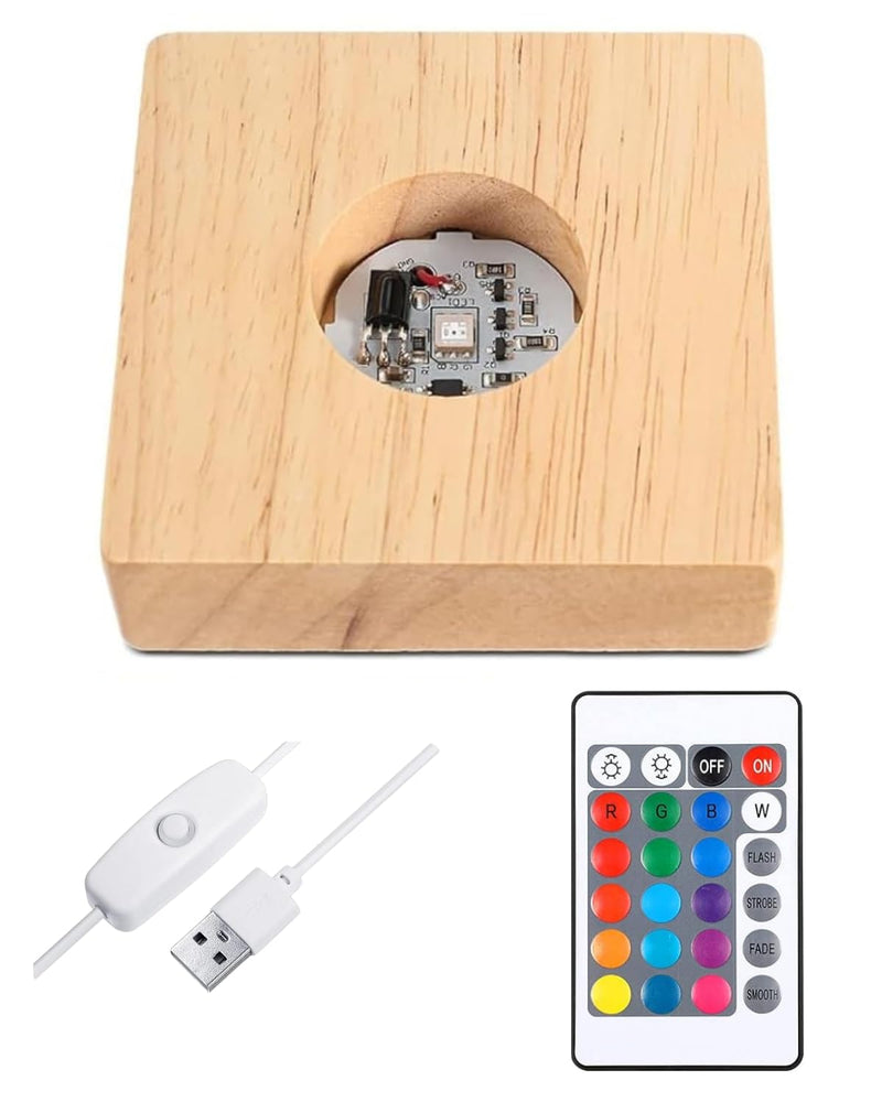 SNOOGG Wood RGB 16 Colour Led Light Square Pine Wood Display Base Stand with ON Off USB Cable Switch and 24 Key Remote Control for 3D Crystal Glasses, Resin Art, Trophy, Award etc Pack of (2)