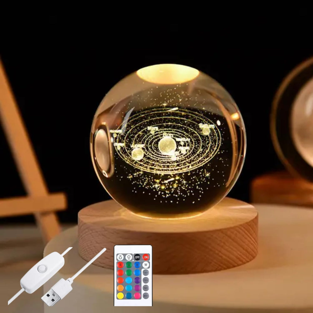 SNOOGG Solar System Crystal Ball Night Light Dimmable Warm RGB Colour Night lamp with Wooden Base 3.5 Inch Fantasy Decoration Crsytal Ball Nightlight