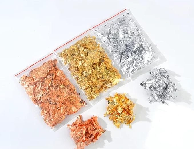 Gold Foil Flakes for Resin Jewelry Making, Paxcoo Gold Foil Flakes Metallic Leaf for Nails, Painting, Crafts, Slime and Resin Jewelry Making, Pack of Gold, Silver,and Copper Color (6 Gram)