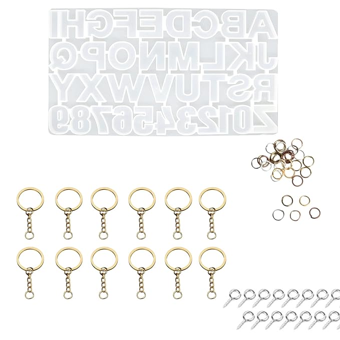 Snoogg Silicone Alphabet Resin Molds for Resin Casting, DIY Craft, Letter Jewelry Making with 12 Pc of Gold Key Chain Ring, Jumper and Hooks