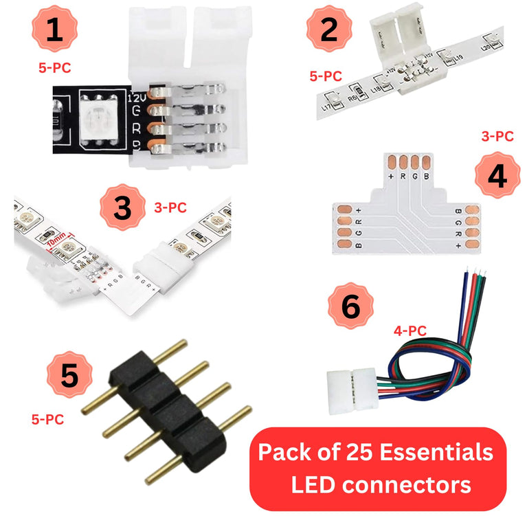 SNOOGG Perfect Essentials connectors Bundle for led Lighting & Decoration Solution as Flat Screen TV Backlight, Under The Counter or Cabinet, Mood Light and at Endless Applications