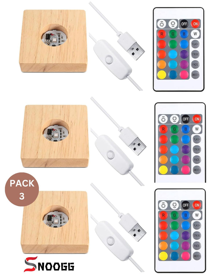 SNOOGG Wood RGB 16 Colour Led Light Square Pine Wood Display Base Stand with ON Off USB Cable Switch and 24 Key Remote Control for 3D Crystal Glasses, Resin Art, Trophy, Award etc Pack of (3)