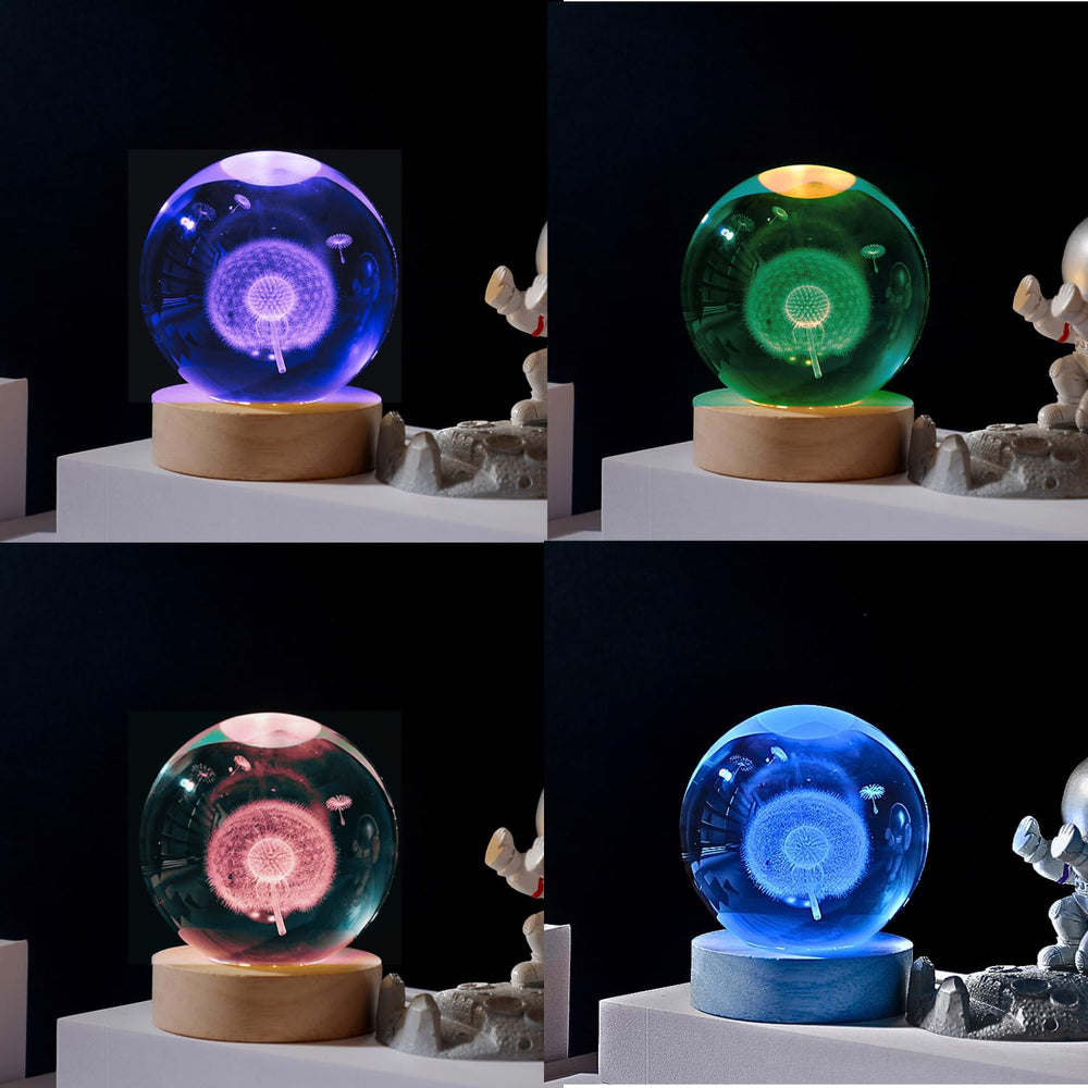 SNOOGG The 3D Art Display Crystal Ball showcases a 3D in a Crystal Ball, Illuminated by a Colourful RGB Light Base (Remote Included) on a 3.5" Wood Stand. (Design Dandelion Flower)