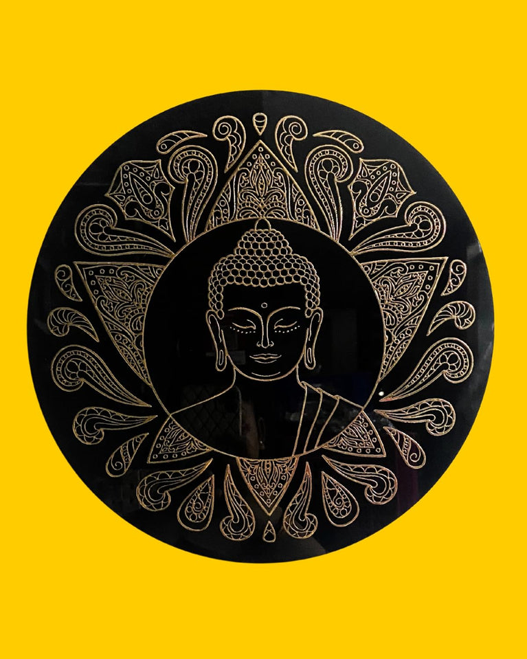 SNOOGG UV Reactive Wall Art in an elegant black and gold 12-inch format. contemporary Buddha imagery provides a touch of spirituality, ideal for meditation space, yoga studio, Buddha-102