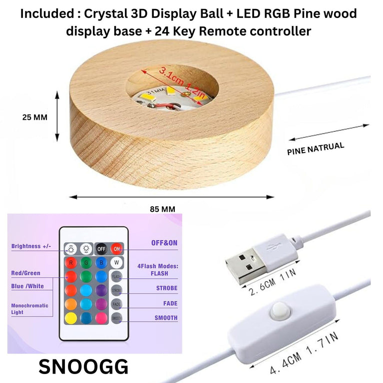 SNOOGG 3D Crystal Ball Room Glass Art Display with Earth Design Made by Laser Technique Comes with The 3.5 inch Wood Display Base with RGB Multi-Colored Lighting and a Remote Controller. (Base)