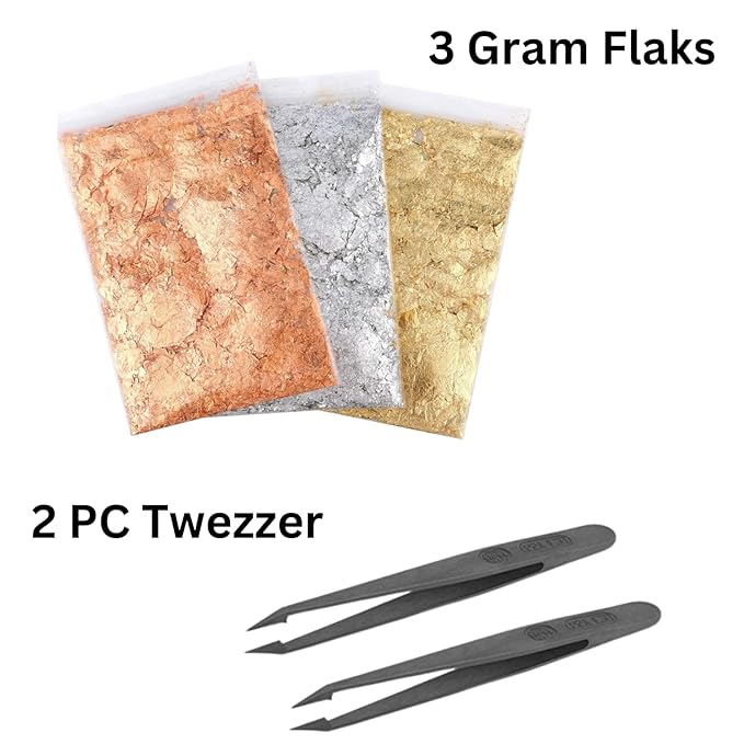 Snoogg 3 Packs of Gold, Silver, Copper Metallic Foil Flakes and 2 Pc of Twezzer for Nail Arts, Poxy Work, Paintings, DIY Crafts and More