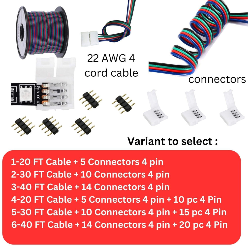 SOOOGG 4 core 22 AWG cable 40 FT 4 PIN Connector 20 piece and 4 pin needle connector 20 piece COB/SMD 2835 3528 Single Color LED Strips