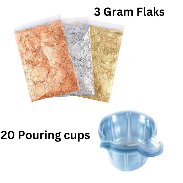 Snoogg 3 Packs of Gold, Silver, Copper Metallic Foil Flakes and 20 Pc of Pouring Cups for Nail Arts, Poxy Work, Paintings, DIY Crafts and More