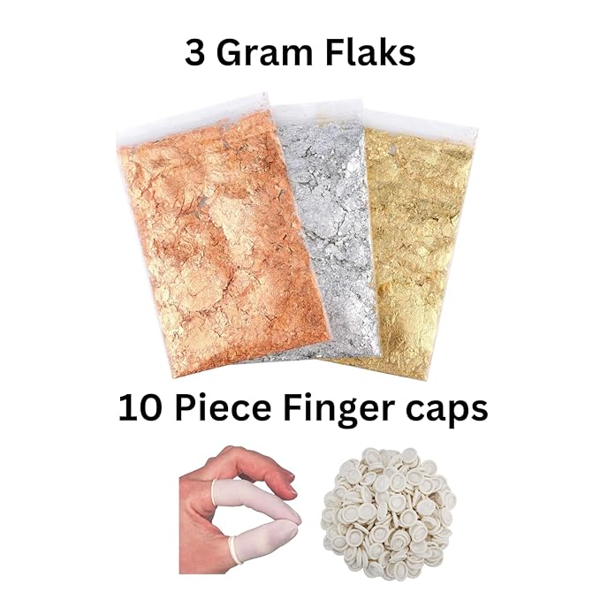 Snoogg 3 Packs of Gold, Silver, Copper Metallic Foil Flakes and 10 Pc of Finger Caps for Nail Arts, Poxy Work, Paintings, DIY Crafts and More