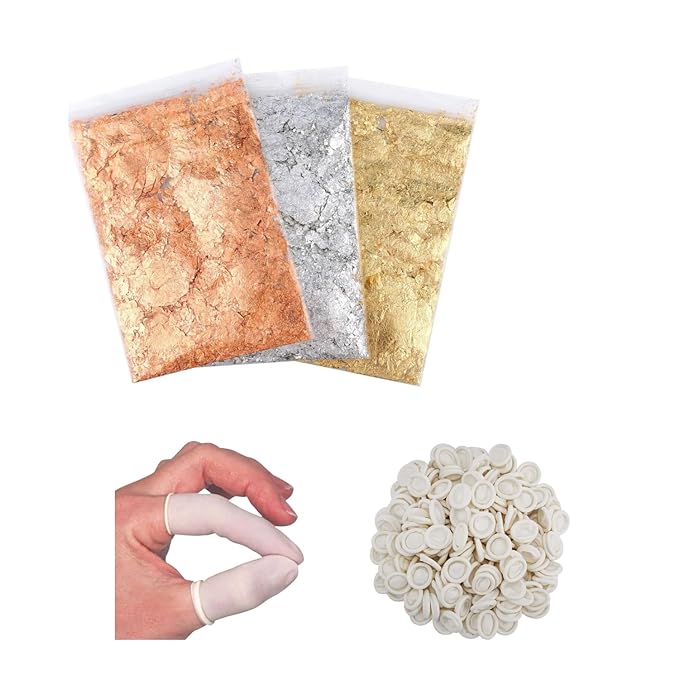 Snoogg 3 Packs of Gold, Silver, Copper Metallic Foil Flakes and 10 Pc of Finger Caps for Nail Arts, Poxy Work, Paintings, DIY Crafts and More
