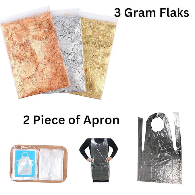 Snoogg 3 Packs of Gold, Silver, Copper Metallic Foil Flakes and 2 Pc of Apron for Nail Arts, Poxy Work, Paintings, DIY Crafts and More