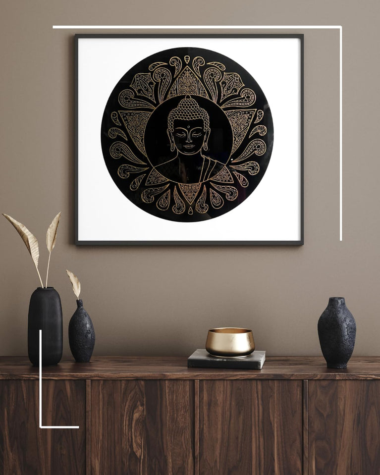 SNOOGG UV Reactive Wall Art in an elegant black and gold 12-inch format. contemporary Buddha imagery provides a touch of spirituality, ideal for meditation space, yoga studio, Buddha-102