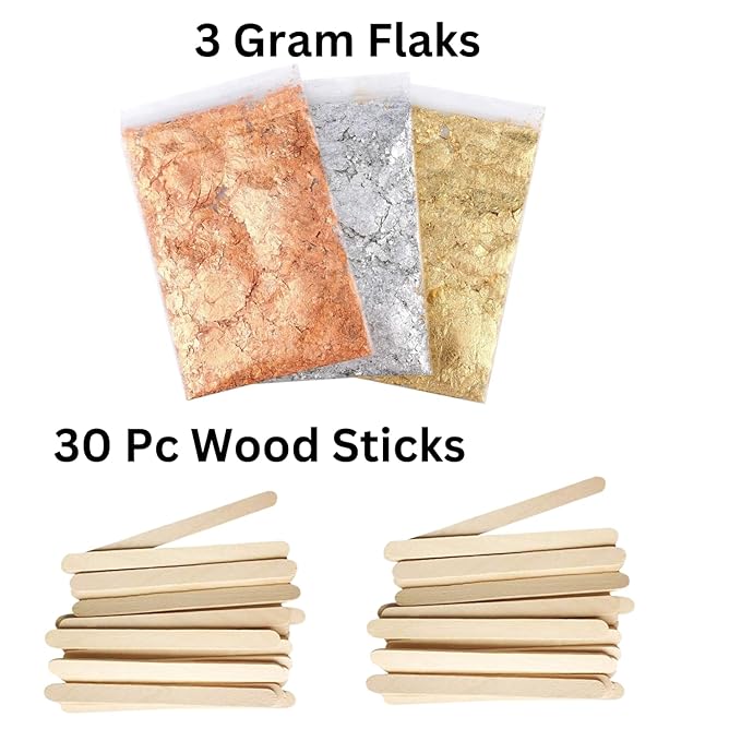 Snoogg 3 Packs of Gold, Silver, Copper Metallic Foil Flakes and 30 Pc od Wooden Stick for Nail Arts, Poxy Work, Paintings, DIY Crafts and More