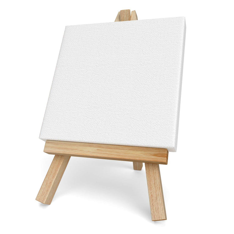 SNOOGG Art Party Series Portable 6" x 6" Stretched Canvas with 8" Tabletop Display Stand A-Frame Artist Easel Kit Pinewood Tripod, Kids Students Painting Party Pack of 4