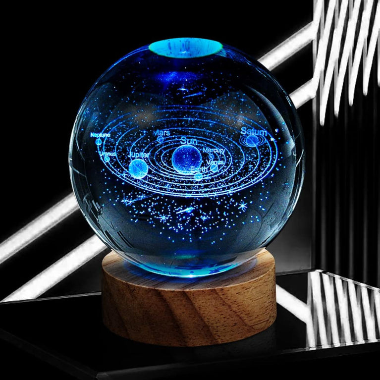 SNOOGG 60 mm Solar System Crystal Ball Night Light Dimmable Warm RGB Colour Night lamp with Wooden Base 3.5 Inch Fantasy Decoration Crsytal Ball Nightlight (Glass and base)