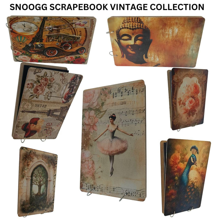 SNOOGG Scrapbook 60 Page photo Album Rectangle 10x6 inch 280 GSM with UV Vintage Design printed wood cover for baby shower, anniversary, Wedding, Gifting Design : 18