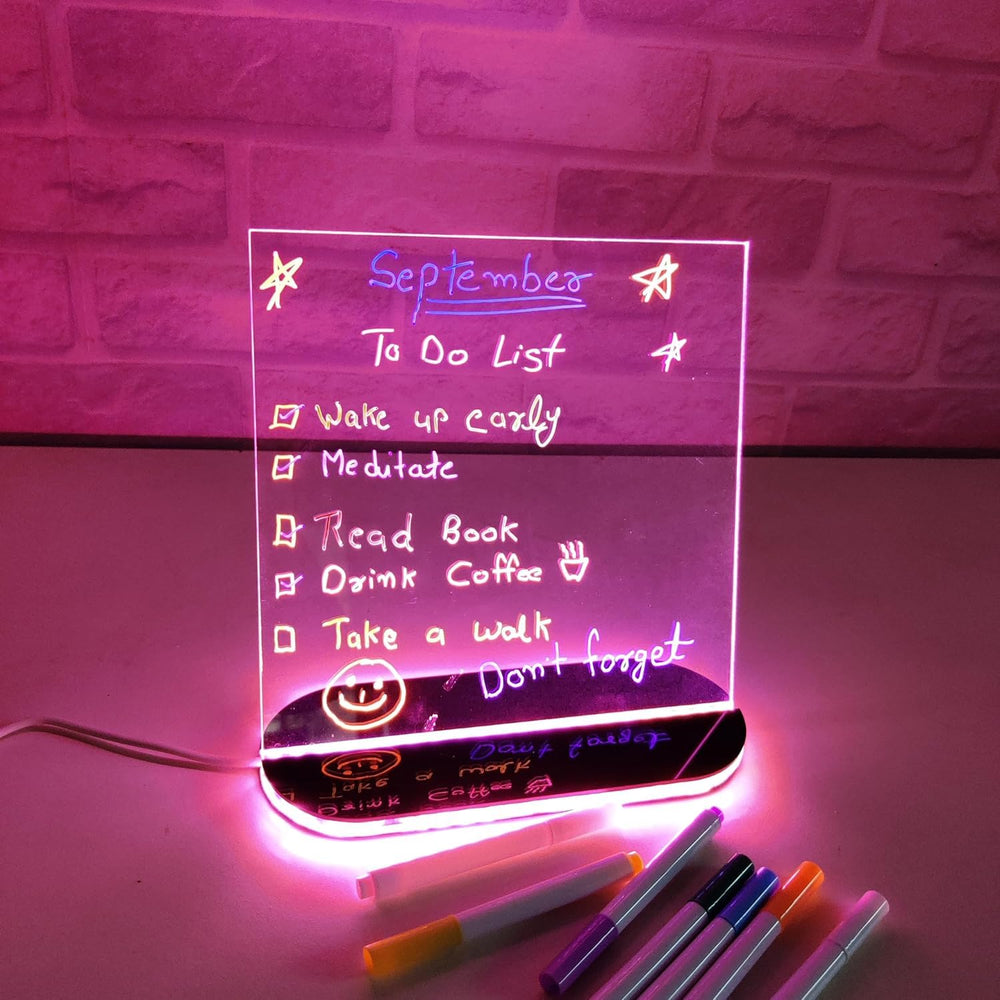 SNOOGG Glow Acrylic Drawing Tablet: 6 Pens, Glossy Finish, Dual-Color Strong LED Base. Erasable Illuminated Sign for Creative Room Art, Office Notes, Gifts.
