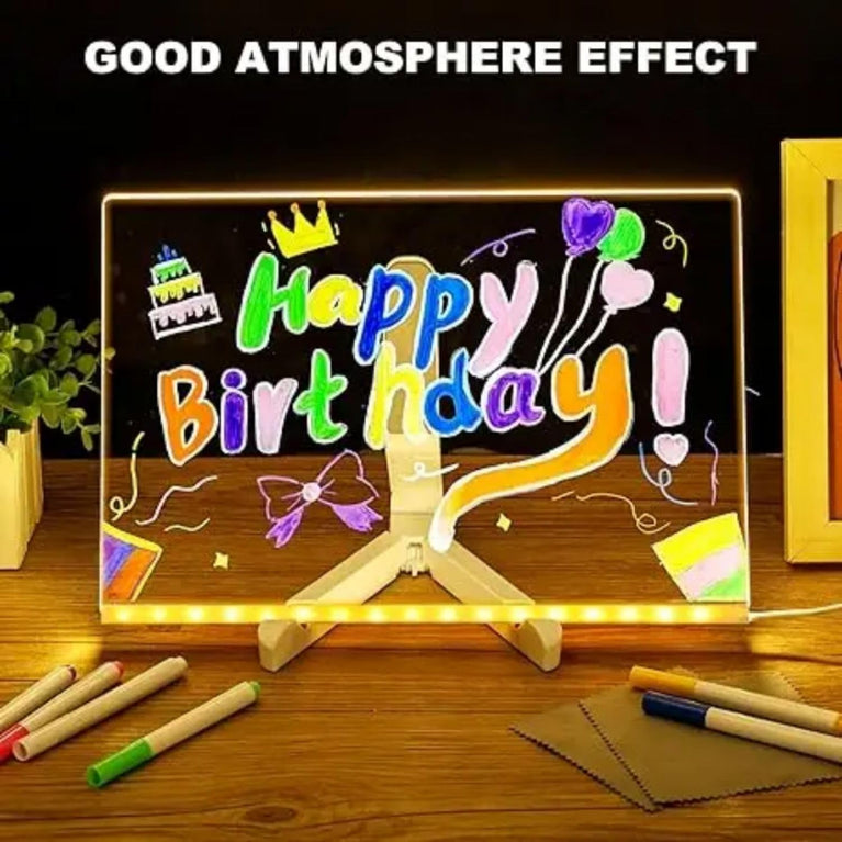 SNOOGG LED Note Board: 6 Pens, Stand. Acrylic Light Up Message & Drawing Tablet for Office Organization, Room Decor, Festival Greetings, Birthday Gift
