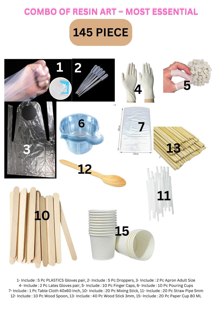 Reusable Artiest Kit of 145 Piece of Reusable Accessories as Pouring Cups, Apron, Table Cloth, Dropper, Mixing Stick Mixing Stick, Finger caps, Gloves, etc