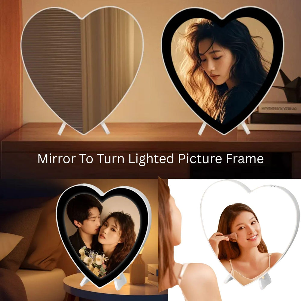 SNOOGG Magic Mirror LED Photo Frame: Light Up Your Memories! Illuminated Picture Display Circle Heart Ideal Gift for Birthday, Mother's Day, Anniversary, Wedding, Baby Born (White, Heart Shape Size)
