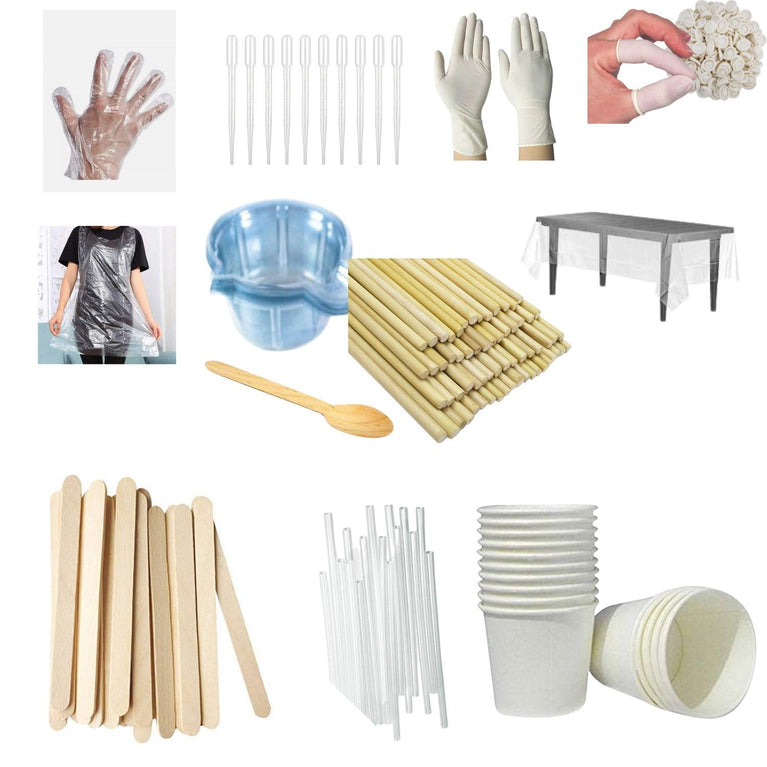 Reusable Artiest Kit of 145 Piece of Reusable Accessories as Pouring Cups, Apron, Table Cloth, Dropper, Mixing Stick Mixing Stick, Finger caps, Gloves, etc