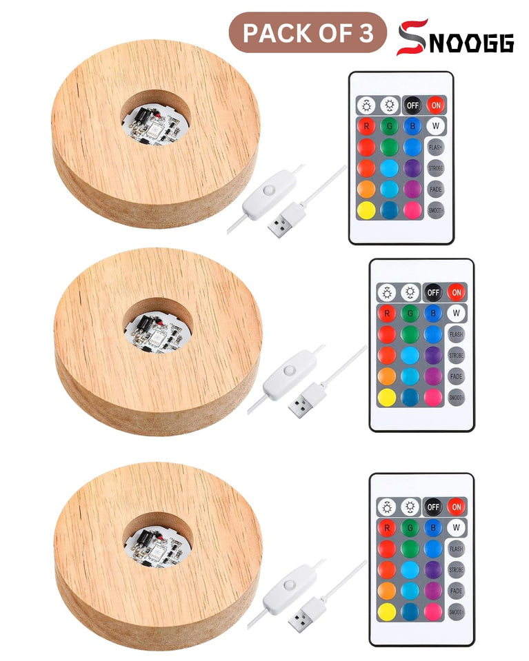 SNOOGG Wood RGB 16 Colour Led Light Round Wooden Display Base Stand with USB Cable Switch and 24 Key Remote Control for 3D Crystal Glasses, Resin Art, Trophy, Award etc Pack of (4)