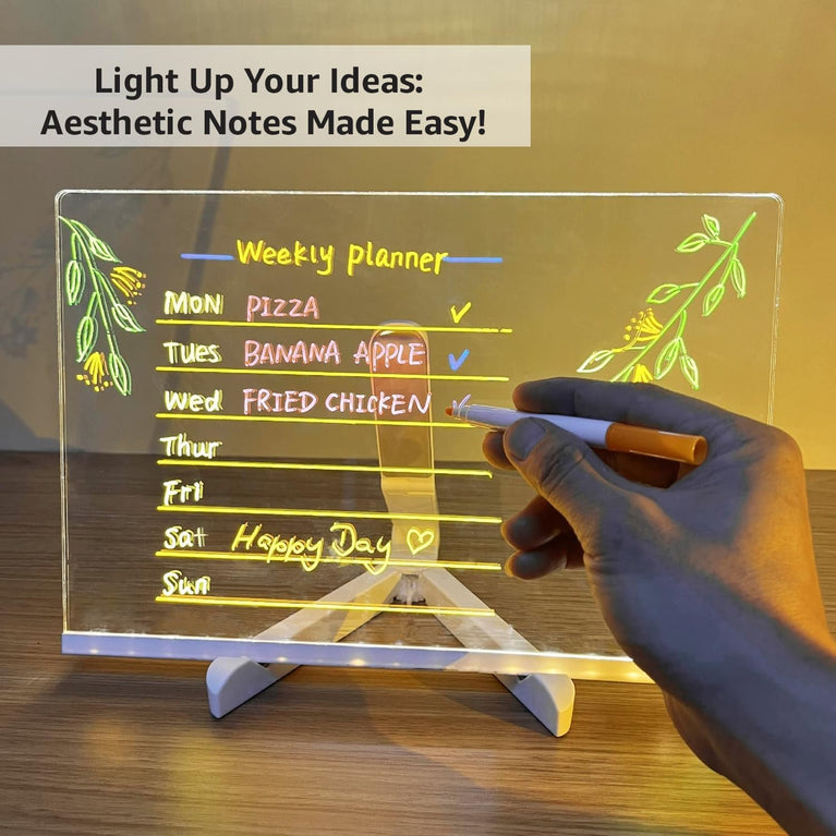 SNOOGG LED Note Board: 6 Pens, Stand. Acrylic Light Up Message & Drawing Tablet for Office Organization, Room Decor, Festival Greetings, Birthday Gift