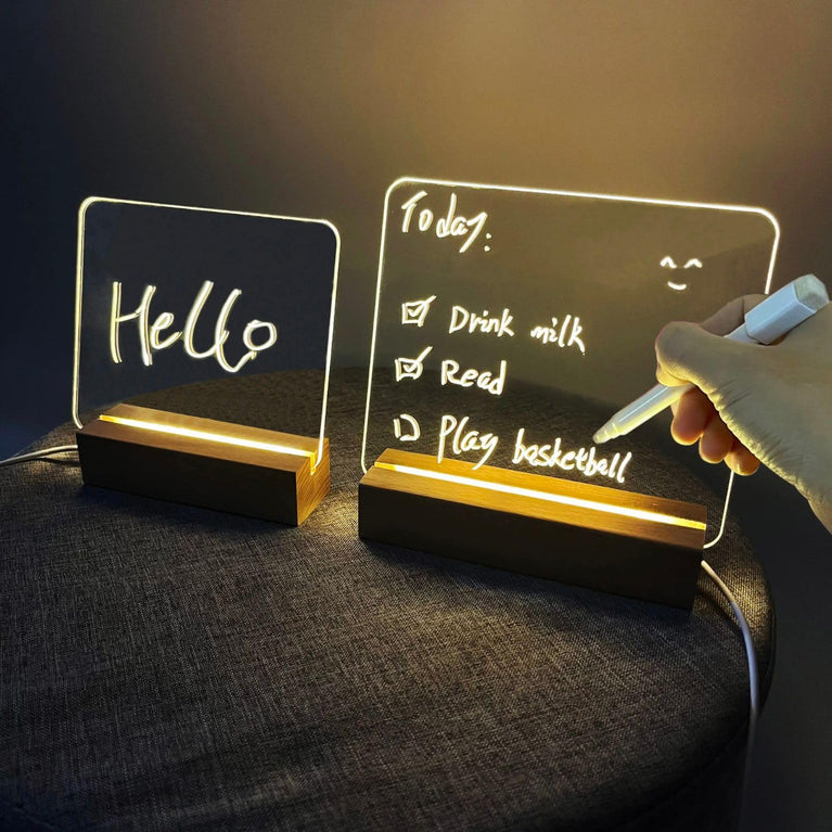 SNOOGG Erasable LED Sign, Wood Base: Acrylic Writing Board & 6 Pens. Ideal for Festival Message Displays, Office Memos & Illuminated Room Gifts