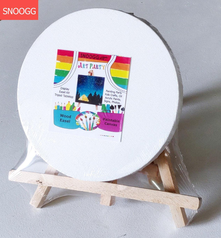 SNOOGG Art Party Series Portable 6" Stretched Canvas Round with 8" Tabletop Display Stand A-Frame Artist Easel Kit Pinewood Tripod, Kids Students Painting Party Pack of 4