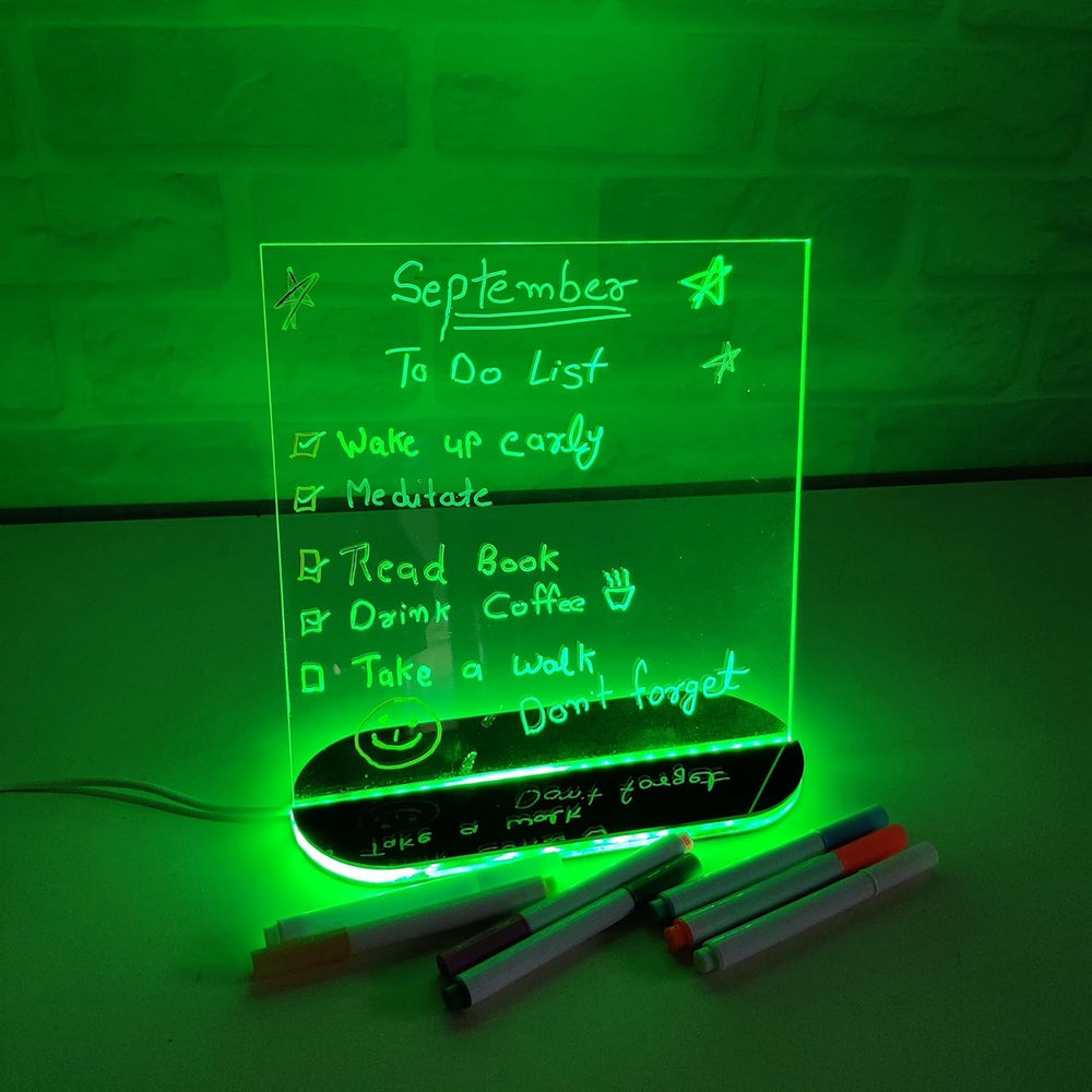 SNOOGG Glow Acrylic Drawing Tablet: 6 Pens, Glossy Finish, Dual-Color Strong LED Base. Erasable Illuminated Sign for Creative Room Art, Office Notes, Gifts.