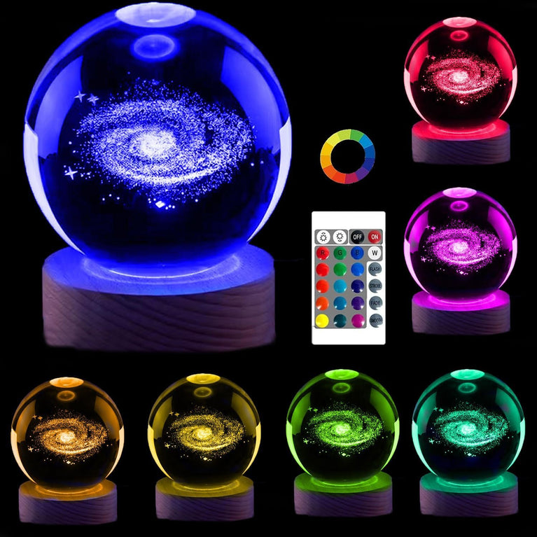 3D Crystal Ball Room Glass Art Display with Unicorn Design by Laser Technique 3.5 in Wood Display Base with RGB Multi-Colored Lighting and a Remote Controller. (Ball) (Glass and Base)